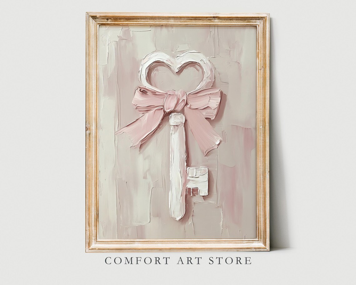 Valentines Heart Key With Pink Bow Impasto Neutral Romantic Wall Art