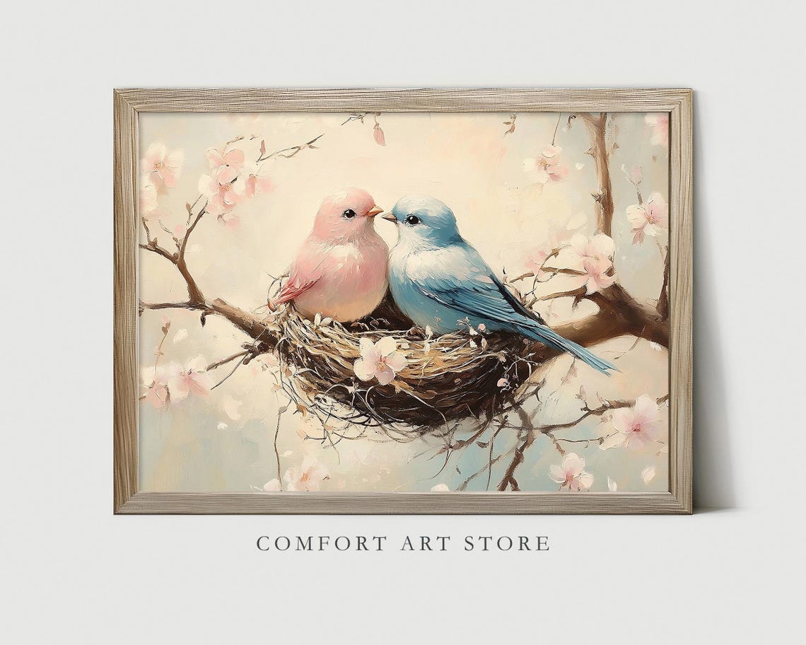 Pink and Blue Lovebirds Kissing Nest Cherry Blossom Love Poster - Image 2