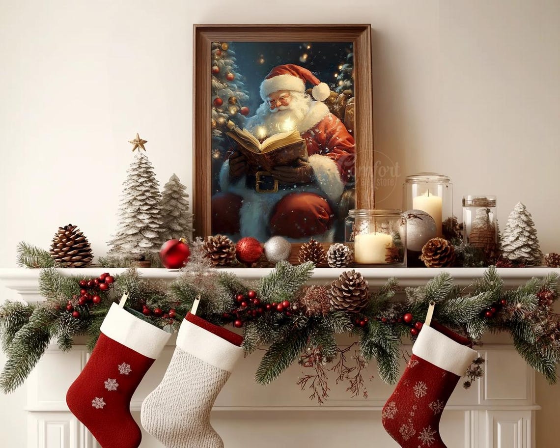 Santa Claus Reading a Glowing Magic Book at Christmas Tree Poster - Image 7
