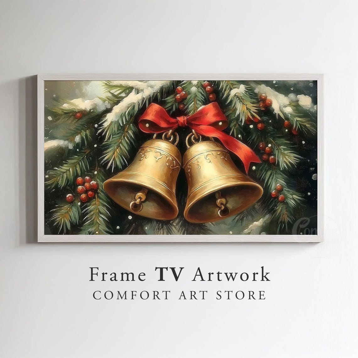 Golden Jingle Bells Tied With A Red Ribbon On Snowy Pine Boughs Print - Image 3