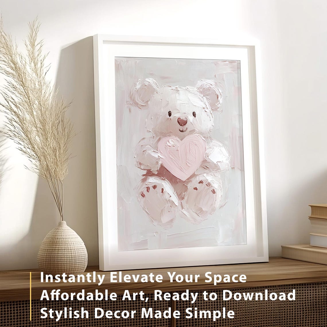 Valentines Teddy Bear With Pink Heart Soft Impasto Nursery Wall Art - Image 2