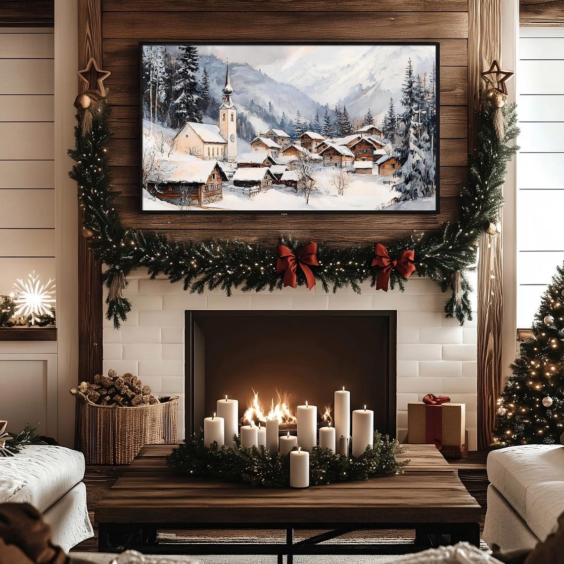 Frame Tv Art Snowy Alpine Village Vintage Christmas Antique Winter Scene Winter Landscape Painting Holiday Christmas Frame Tv Art - Image 3