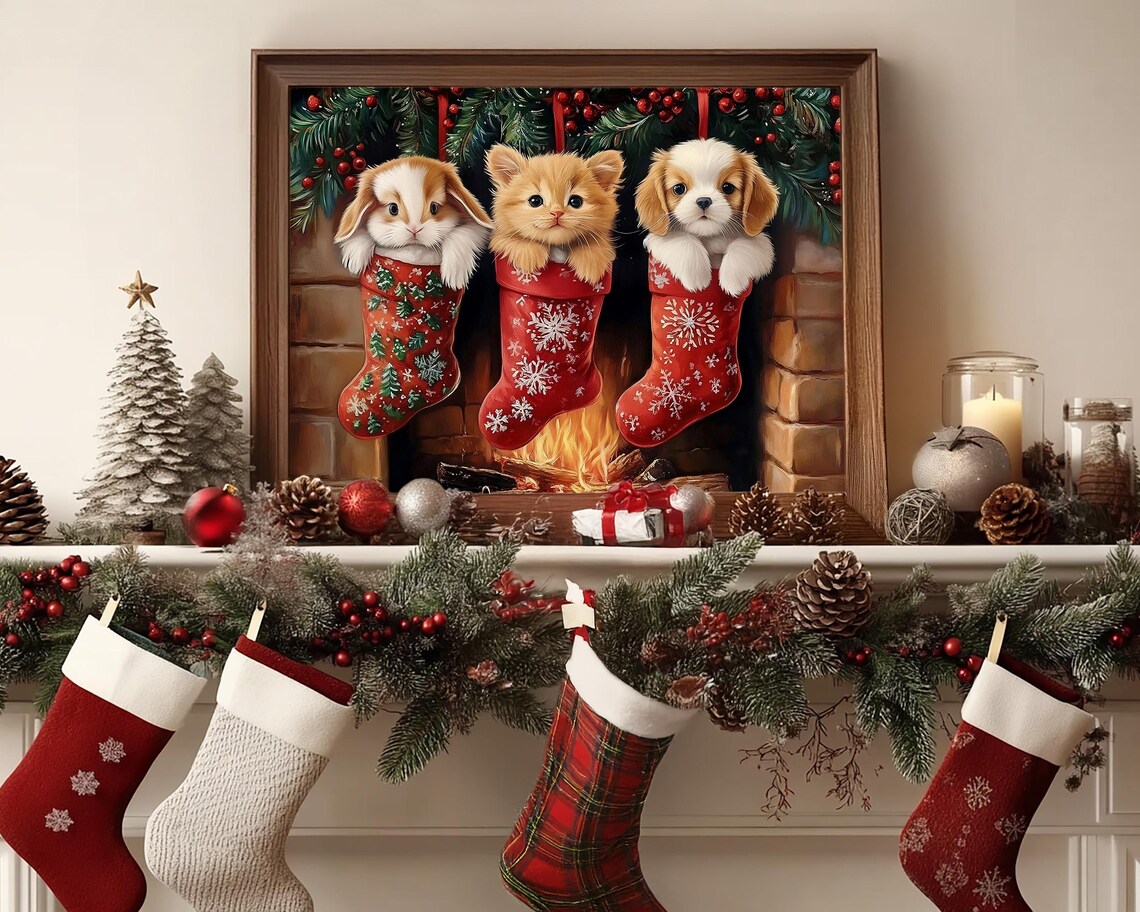 Bunny Kitten and Puppy Peeking from Christmas Stockings Art Poster - Image 6