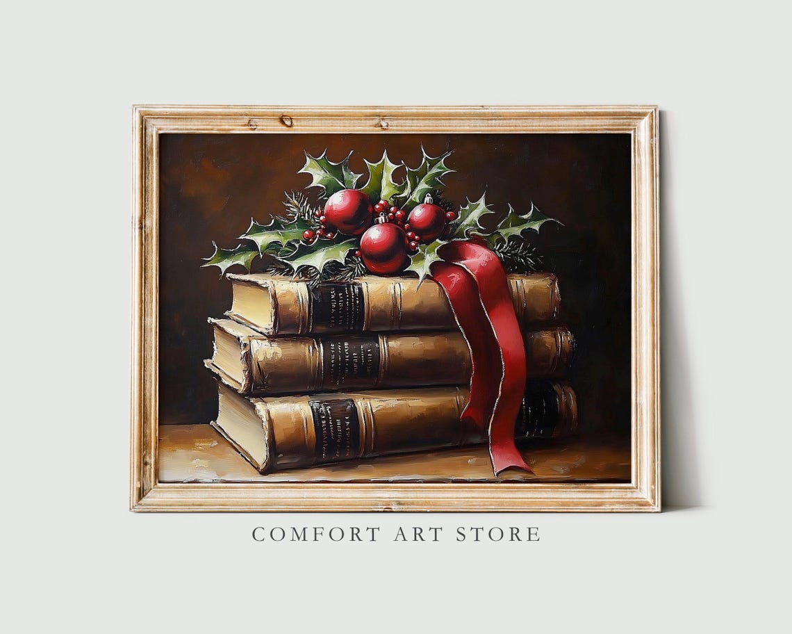 Elegant Stack of Vintage Books with Holly and Red Ornaments Poster