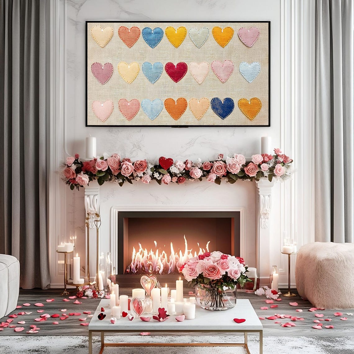 Valentines Stitched Hearts Grid Farmhouse Rustic Frame TV Wall Art - Image 3