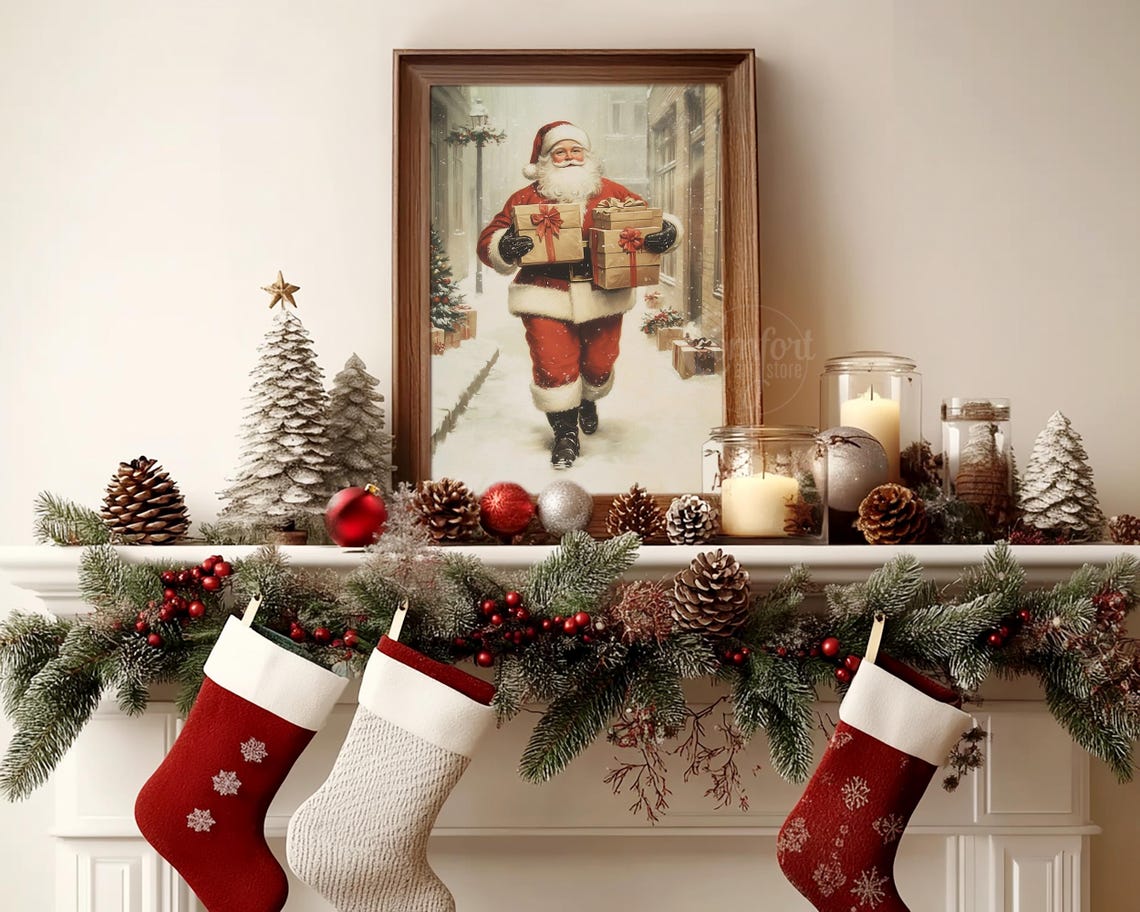 Santa Claus Print Vintage Christmas Wall Art Christmas Snowy Street Print Winter Holiday Decor Antique Christmas Gift Neutral Santa Wall Art - Image 5