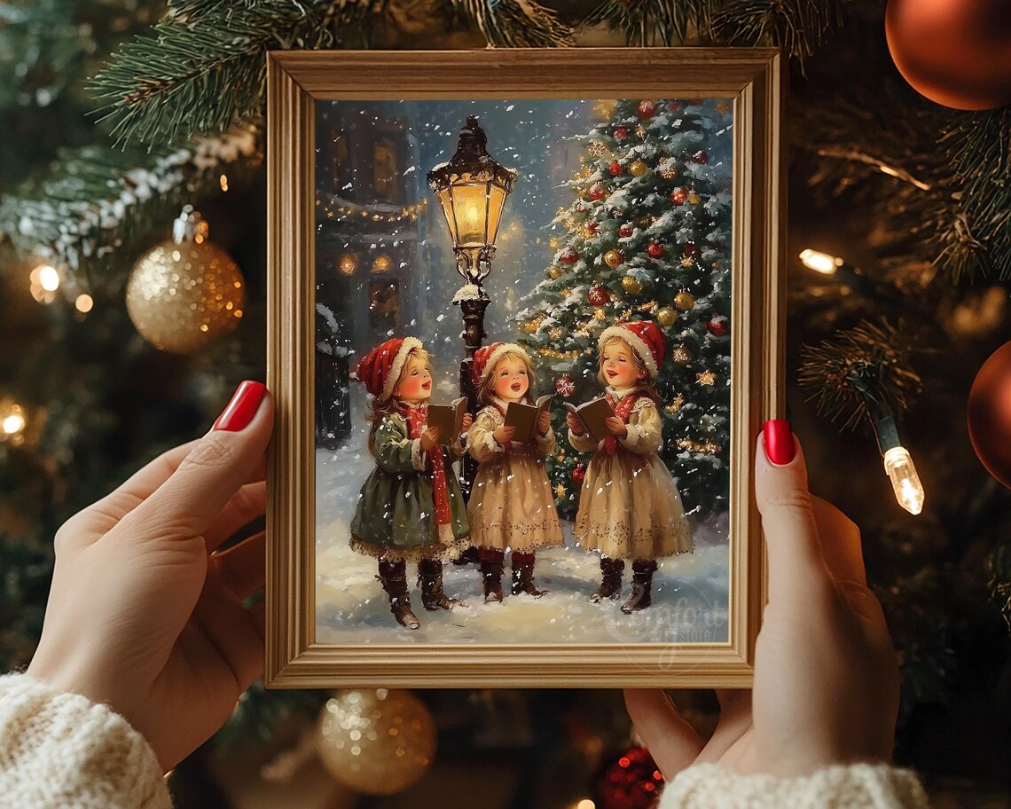 Children Caroling Street Lamp Christmas Tree Vintage Storybook Poster - Image 7