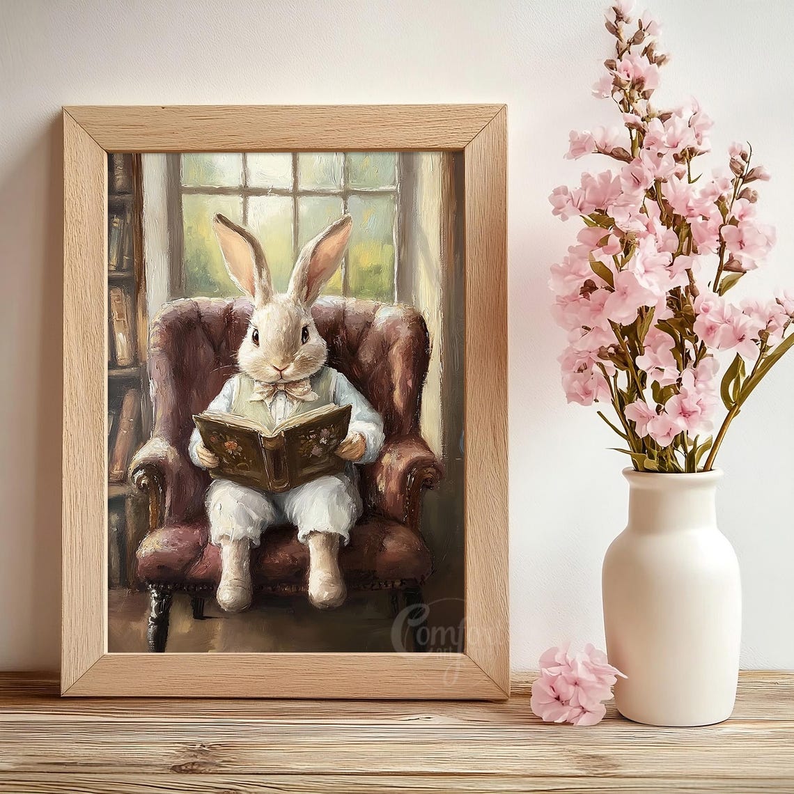 Easter Bunny Print Cute Easter Bunny Reading Book Easter Rabbit Easter Vintage Spring Cottagecore Easter Decor Farmhouse Wall Art - Image 2