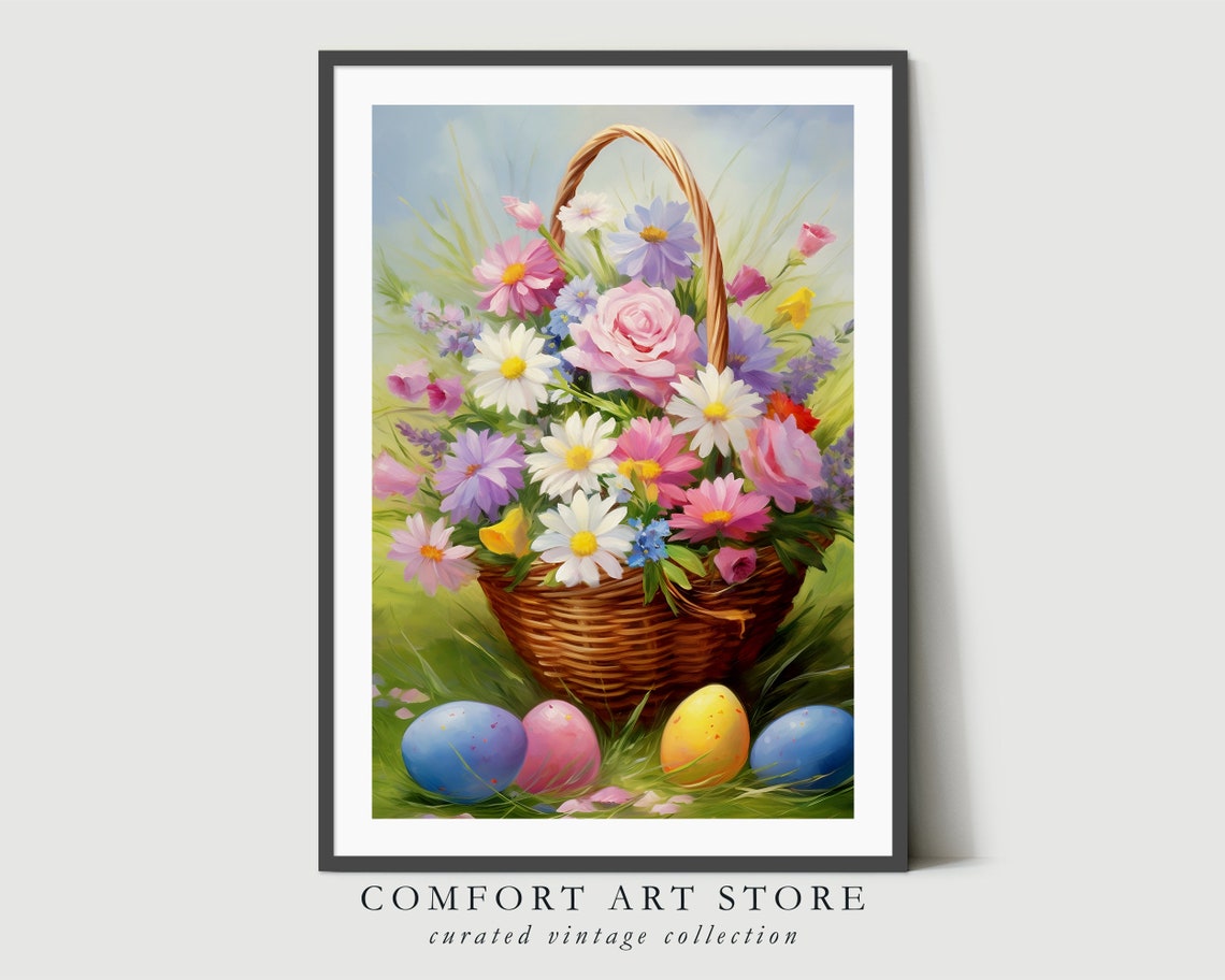 Easter Flower Basket With Colorful Eggs Spring Floral Wall Art - Image 2