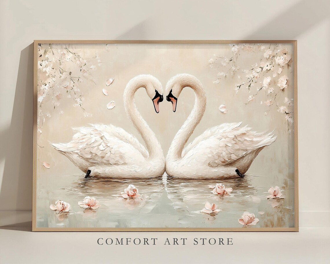 Swans Forming Heart Shape Love Valentine Oil Painting Poster - Image 5