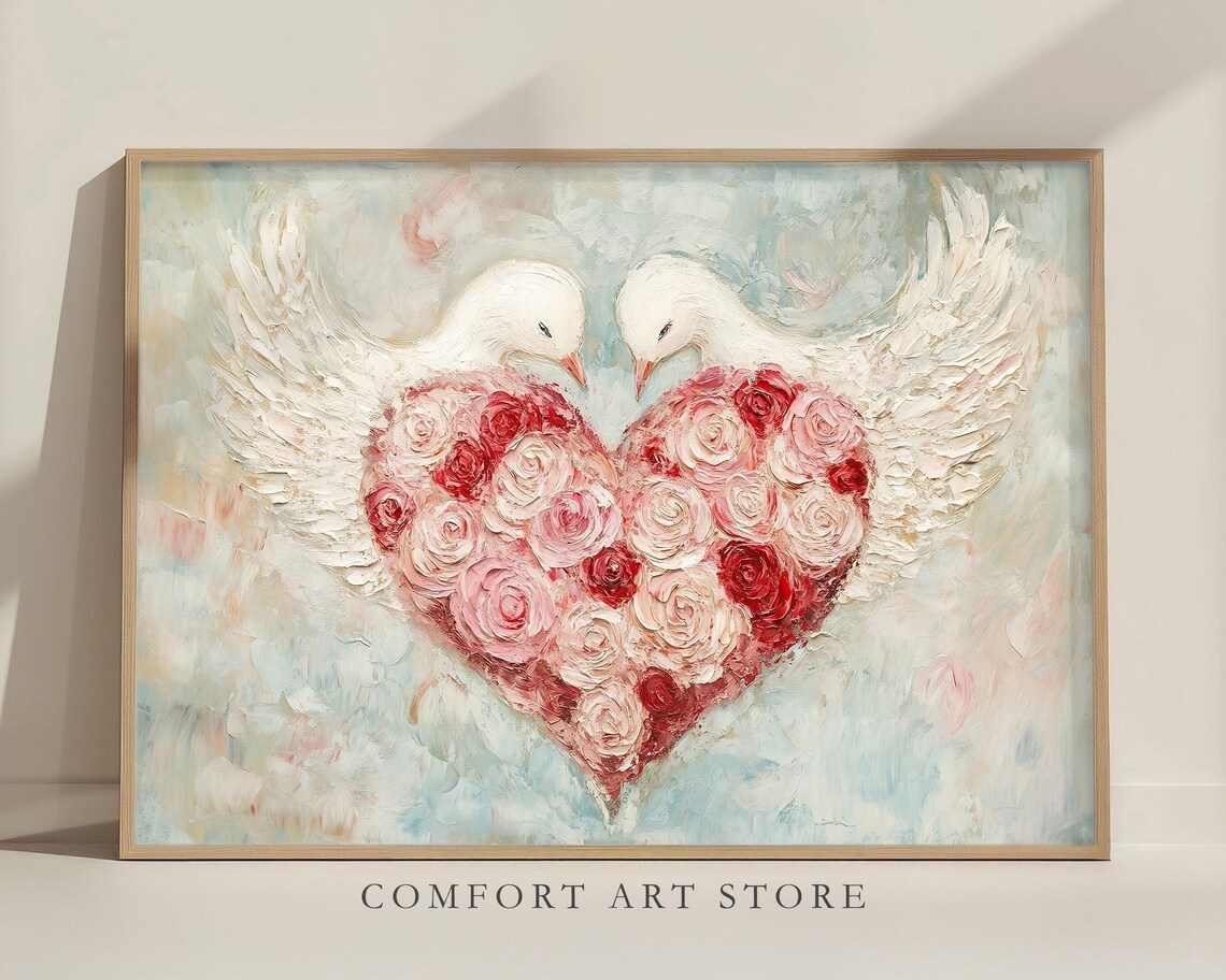 White Doves Rose Heart Impasto Painting Romantic Valentine Wall Poster - Image 3