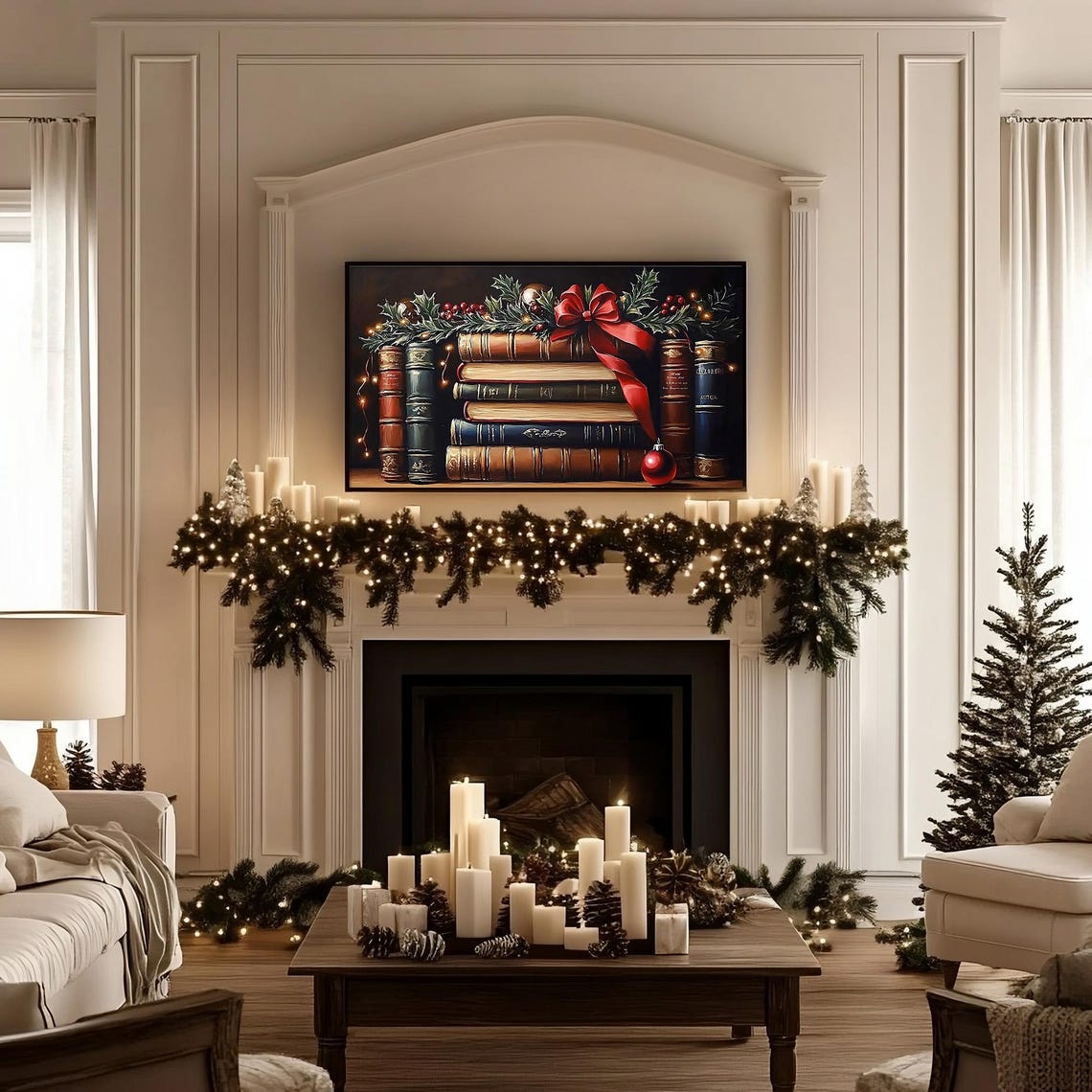 Vintage Christmas Books with Holly Bow Holiday Mantel Art Poster - Image 3