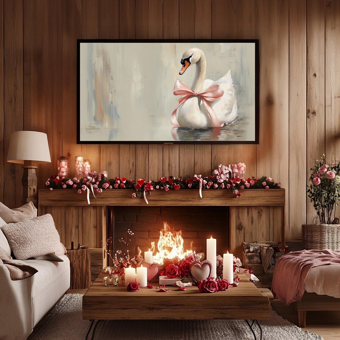 Vintage Valentines Swan Art Print, Pastel Pink Ribbon Bow