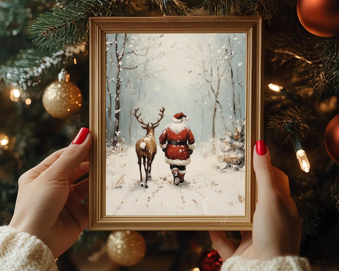 Antique Vintage Christmas Santa Claus Print Santa Claus Reindeer Wall Art Christmas Scene Neutral Print Holiday Winter Landscape - Image 8