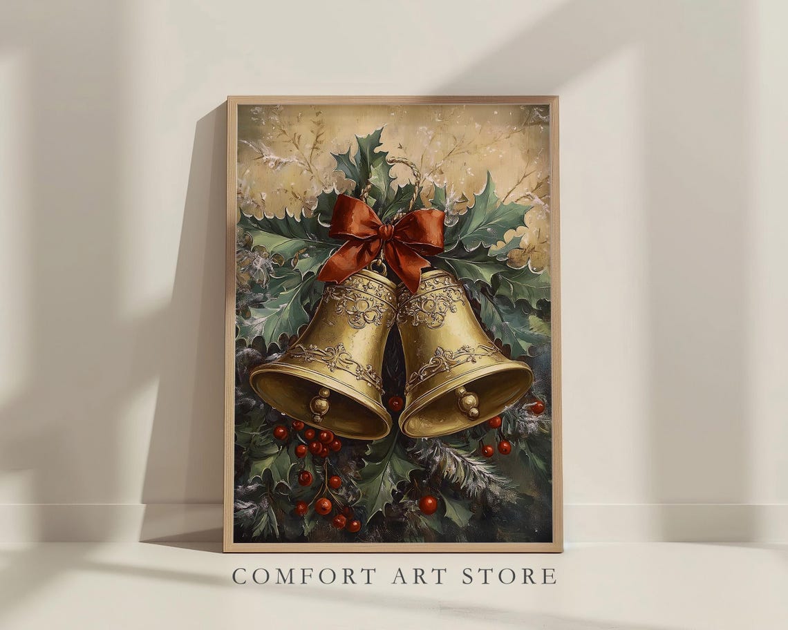 Ornate Brass Christmas Bells with Holly and Red Bow Wall Art - Image 6