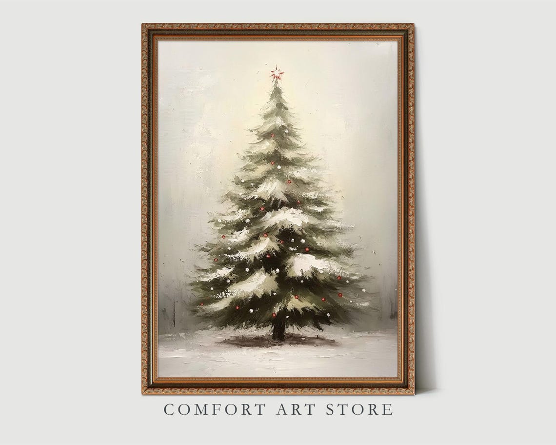 Vintage Snowy Christmas Tree With Red Berries And Gold Star Wall Art - Image 5
