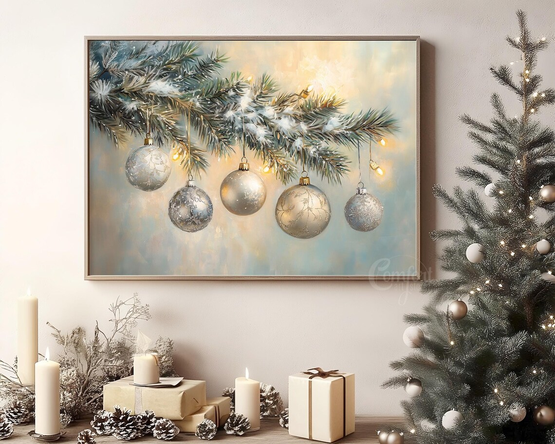 Elegant Champagne Gold Christmas Ornaments on Snowy Branch Poster - Image 8