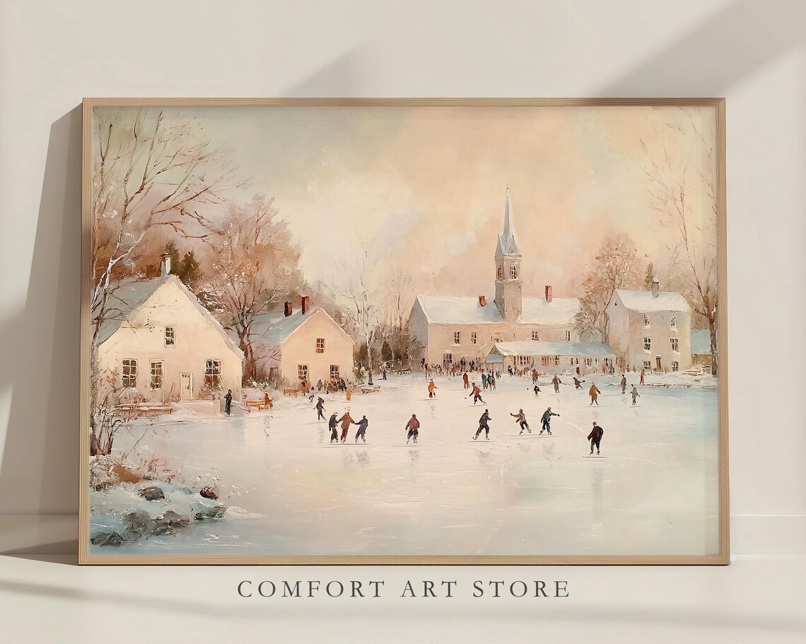 Frozen Pond Ice Skating Scene in Snowy Village Winter Wall Art - Image 7