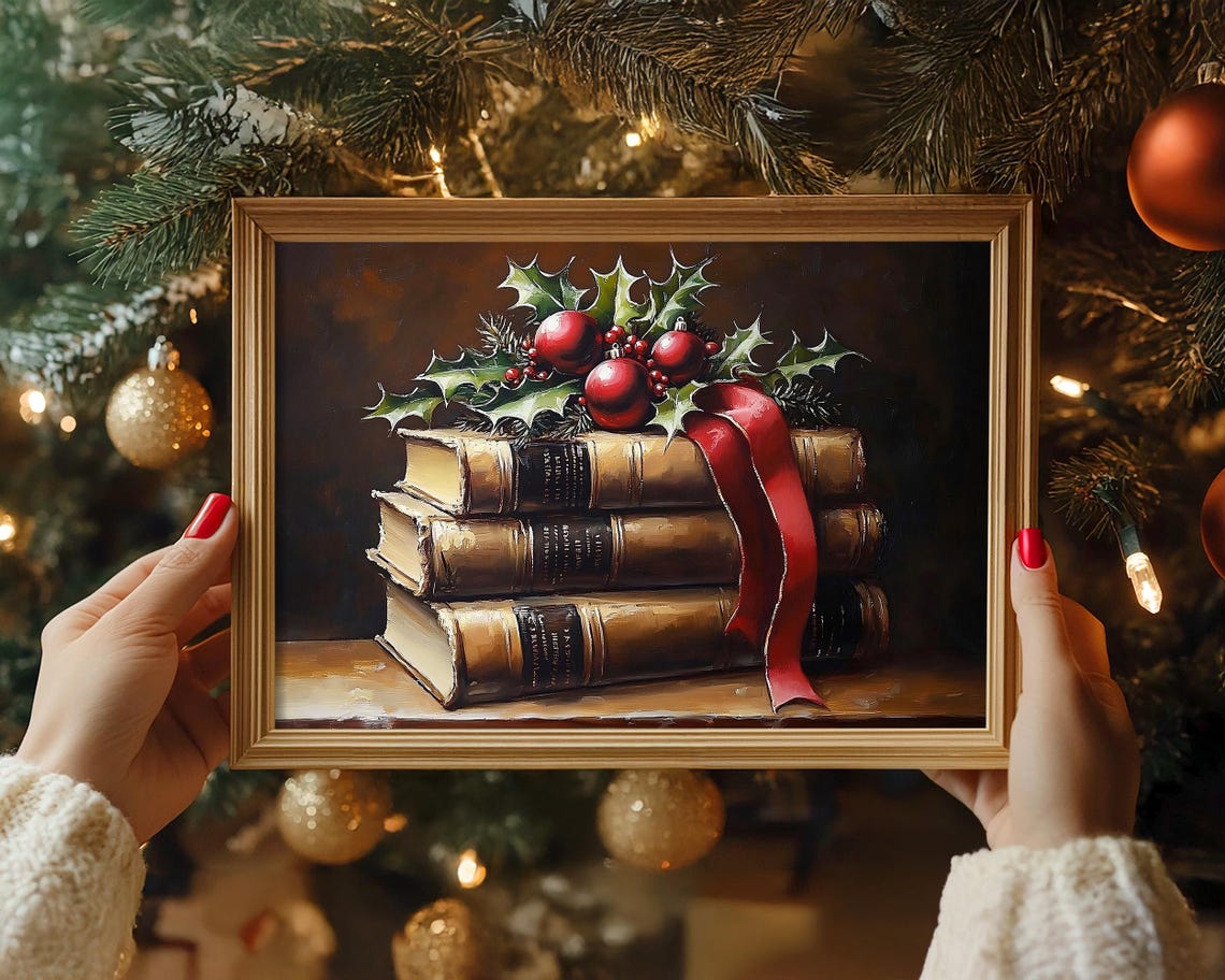 Elegant Stack of Vintage Books with Holly and Red Ornaments Poster - Image 6