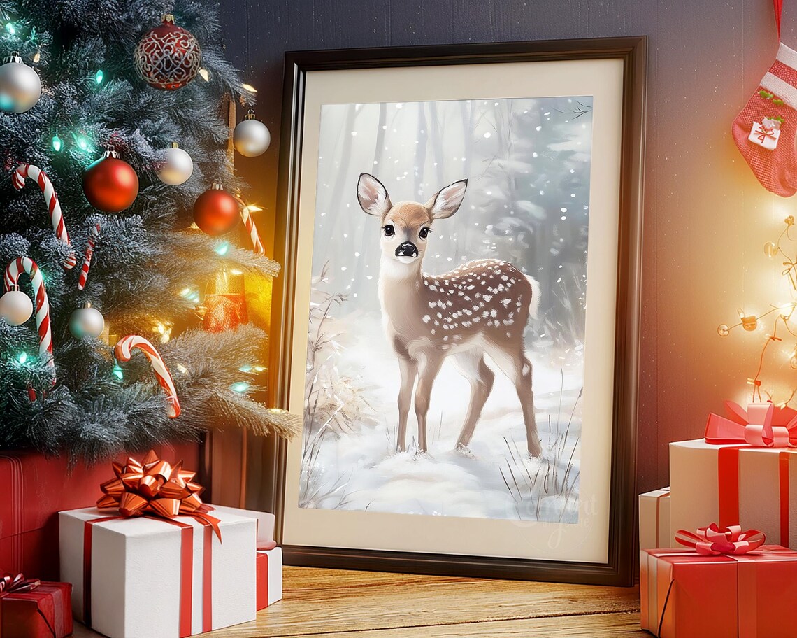 Adorable Baby Deer Fawn Standing in Snowy Winter Forest Poster - Image 5