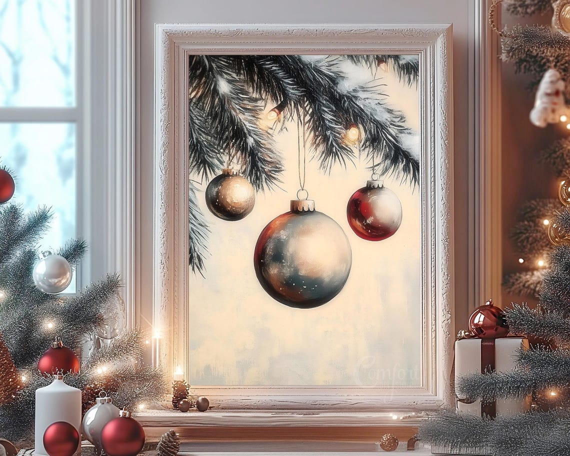 Elegant Vintage Christmas Ornaments on Snowy Pine Branch Poster - Image 8