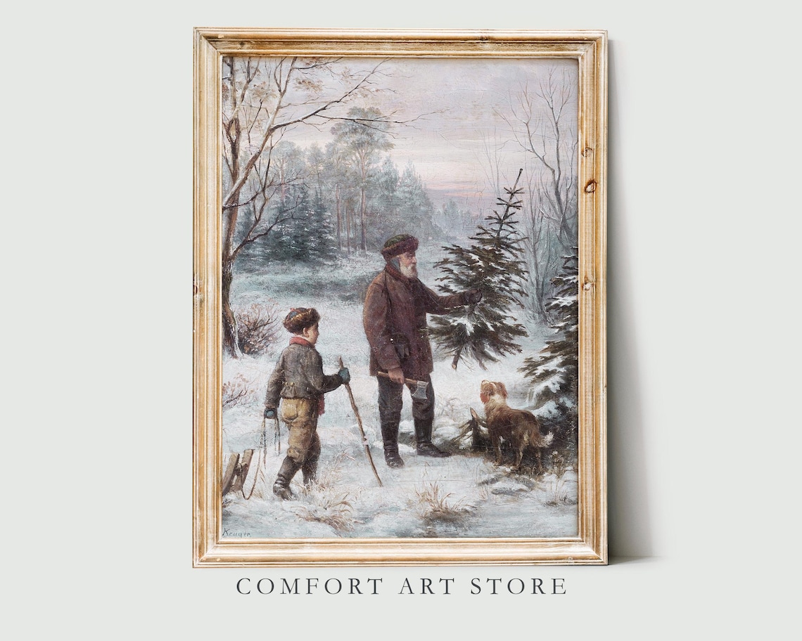 Vintage Painting of Father and Son Cutting Christmas Tree Wall Art