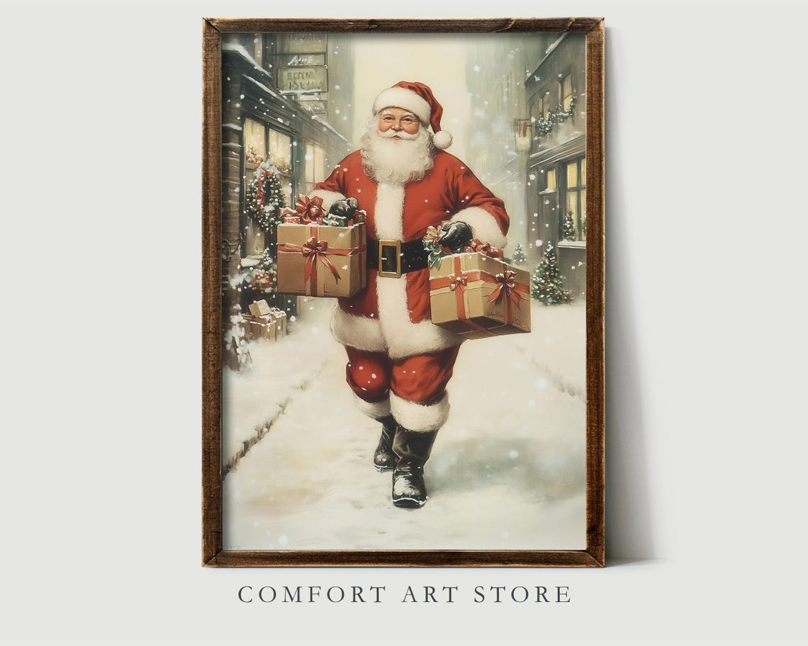 Santa Claus Print Vintage Christmas Wall Art Christmas Snowy Street Print Winter Holiday Decor Antique Christmas Gift Neutral Santa Wall Art - Image 2