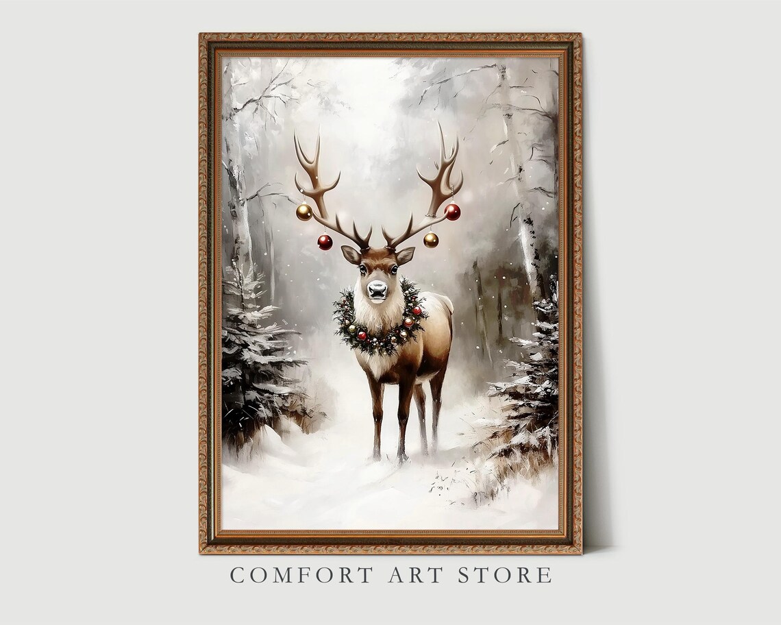 Majestic Deer with Christmas Ornaments on Antlers Snow Poster - Image 3