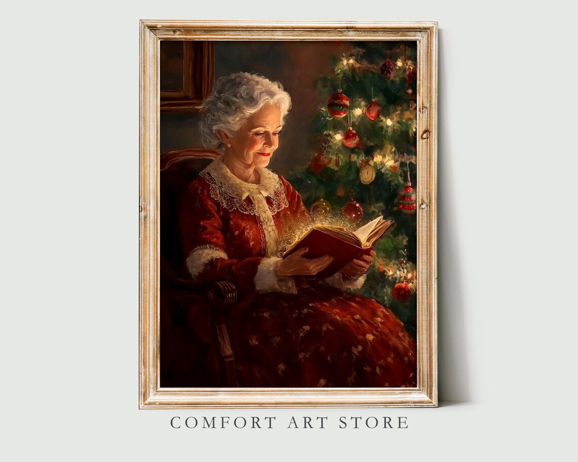 Cozy Christmas Grandmother Reading Glowing Storybook Art Poster