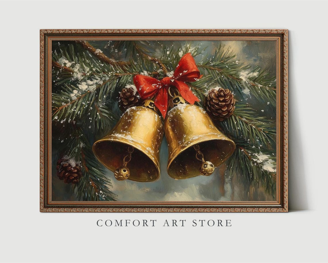 Vintage Christmas Jingle Bells Print Christmas Wall Art Winter Holiday Decor Antique Christmas Golden Bells Oil Painting Winter Pine Print - Image 3