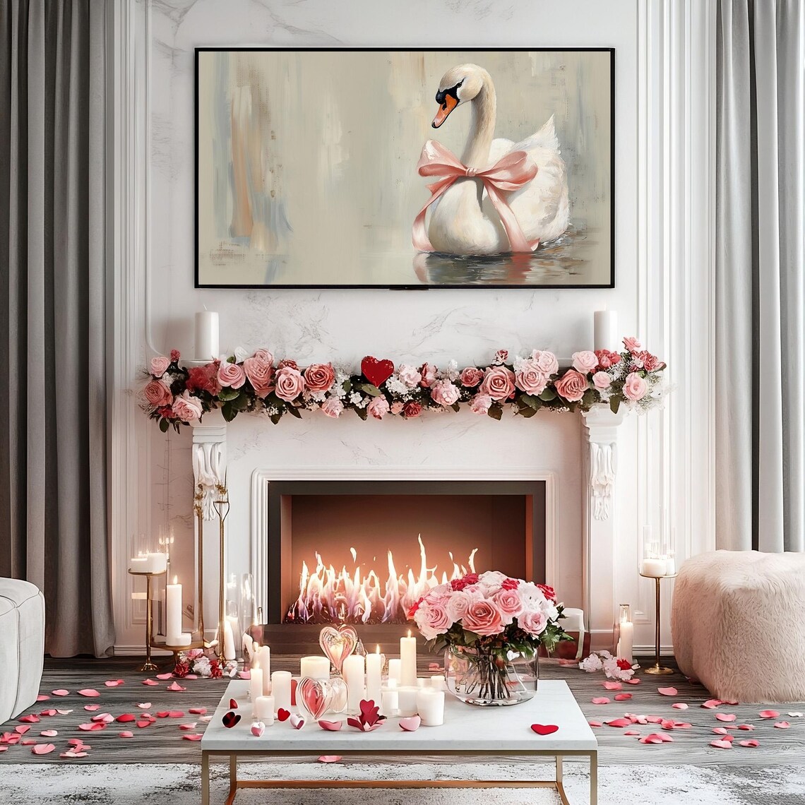 Vintage Valentines Swan Art Print, Pastel Pink Ribbon Bow - Image 3