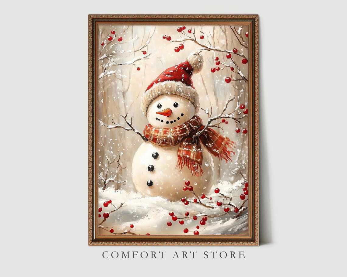 Snowman in Red Knit Hat with Plaid Scarf Winter Watercolor Wall Art - Image 3