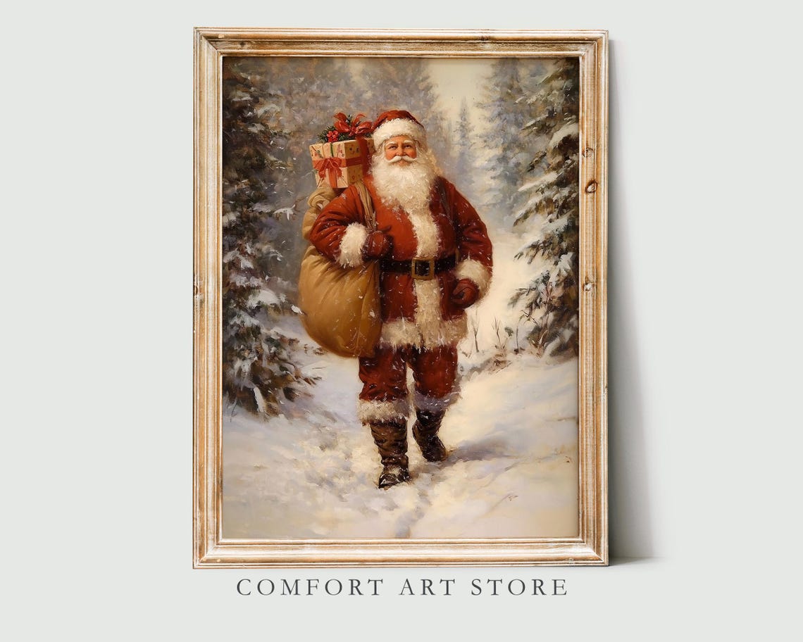 Vintage Christmas Santa Claus Wall Art Print Christmas Holiday Decor Santa Scene Dark Academia Winter Gifts Christmas Holiday Art