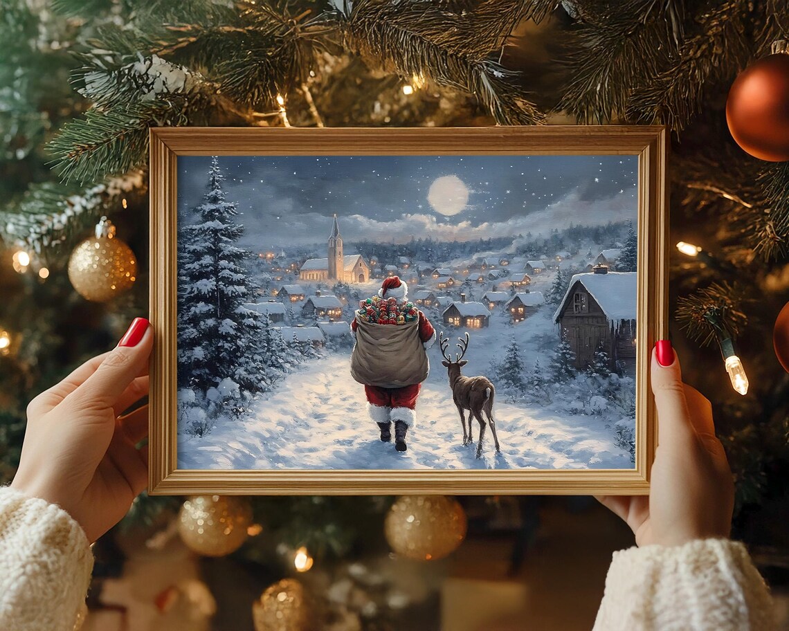 Christmas Wall Art Santa Claus Reindeer Print Dark Academia Winter Village Scene Snowy Holiday Decor Vintage Christmas Painting - Image 3