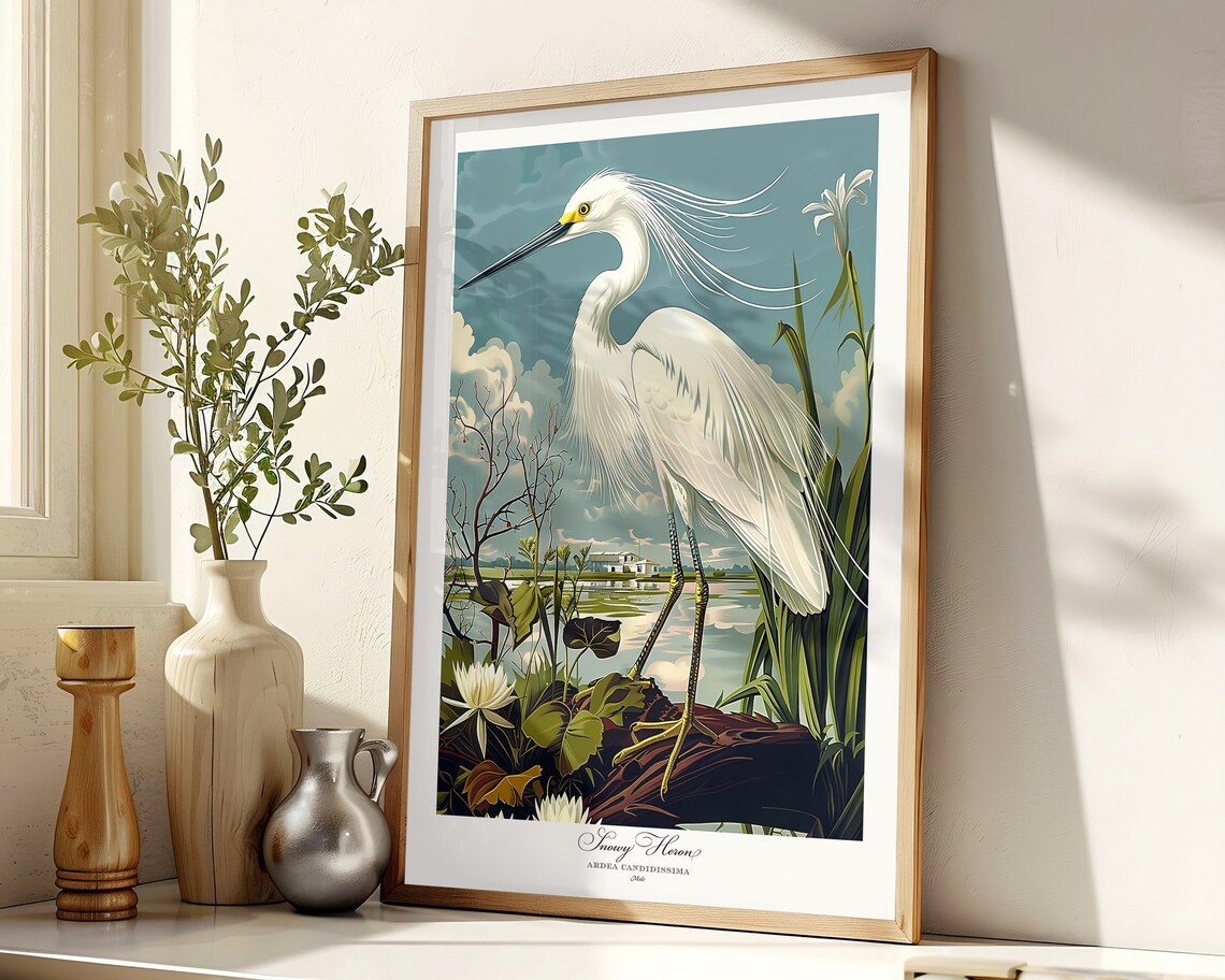 Audubon Style Snowy Heron Vintage Bird Art Print - Image 8