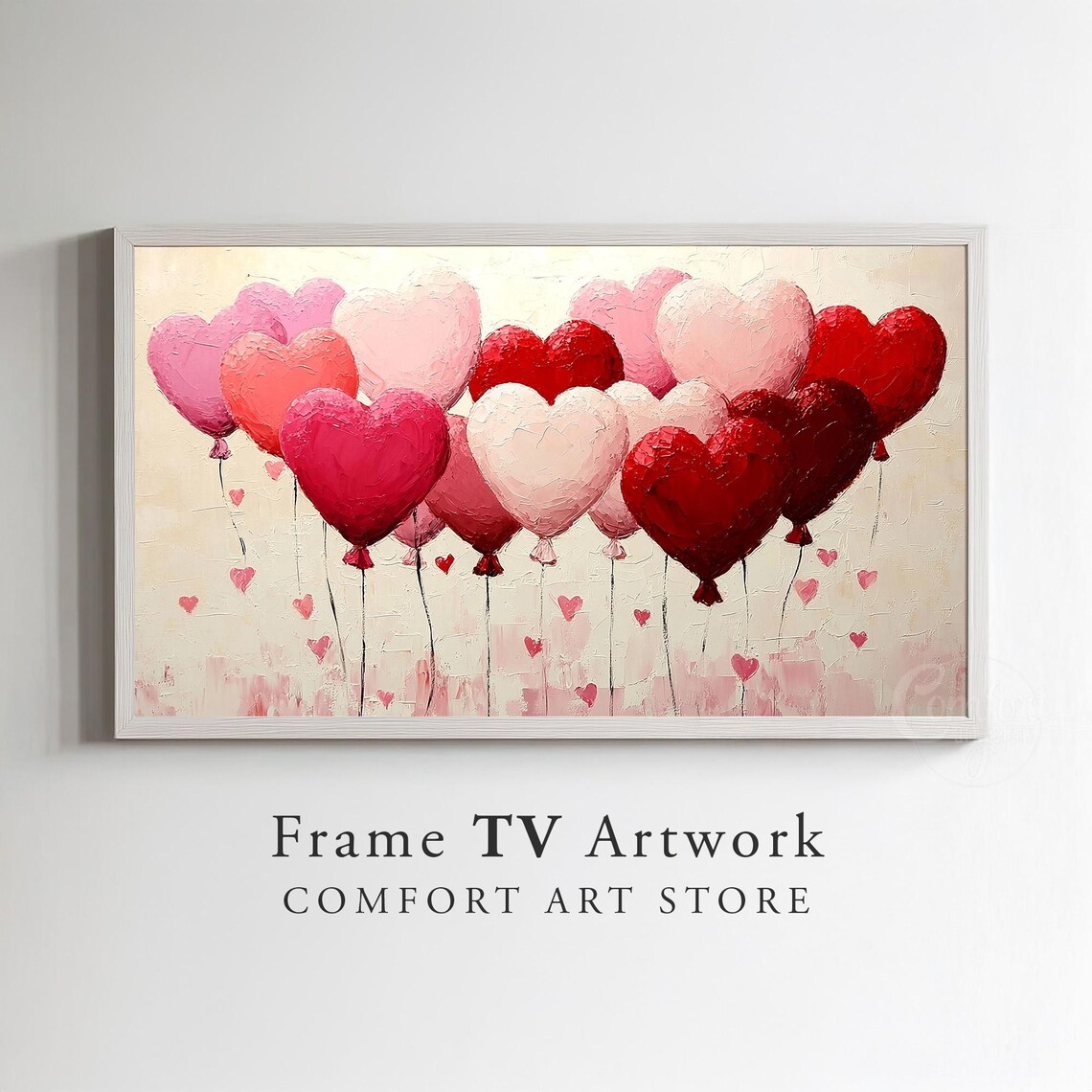 Red Pink Heart Balloons Oil Painting Frame TV Artwork Romantic Poster - Image 3
