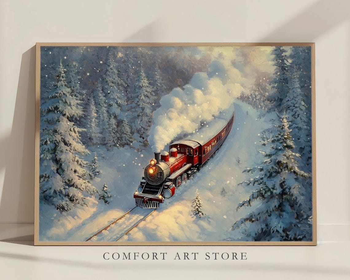 Red Steam Train Traveling Through a Snowy Winter Forest Poster - Image 5