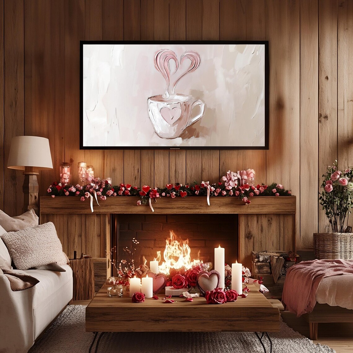 Valentines Coffee Cup Heart Steam Painting Cozy Frame TV Wall Art - Image 2