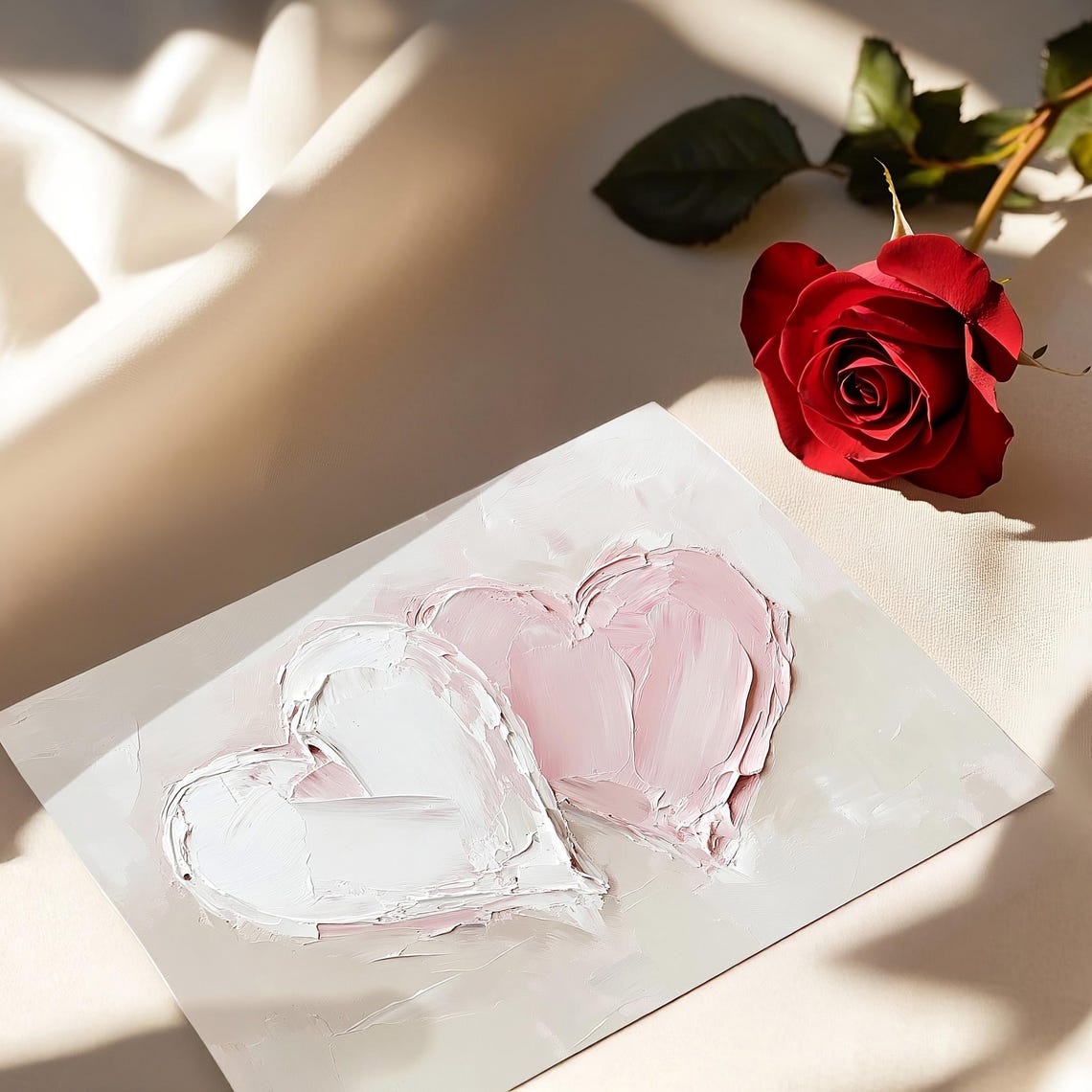 Valentines Two Textured Hearts Impasto Neutral Minimalist Wall Art - Image 2