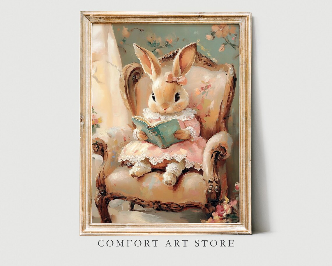 Easter Bunny Reading Book Vintage Spring Poster Print - Image 4