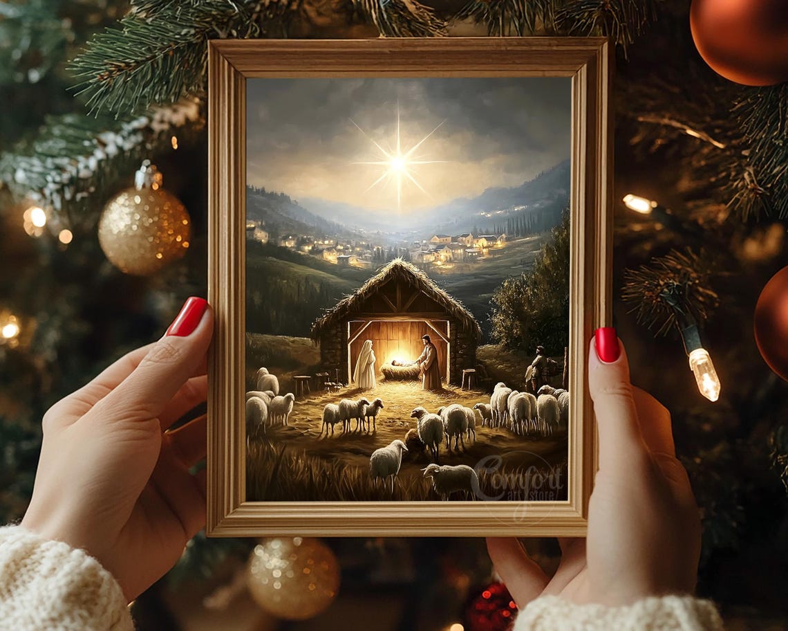 Nativity Scene with Shepherds Sheep and Bethlehem Star Poster - Image 8