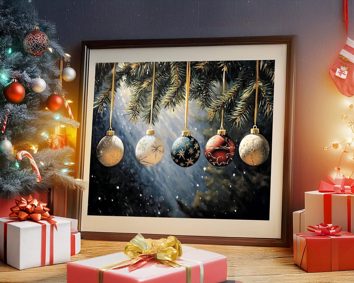 Five Christmas Ornaments Hanging on Snowy Pine Branches Poster - Image 2