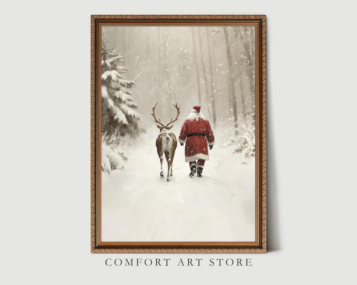 Santa Claus and Reindeer in a Sepia Toned Snowy Forest Poster - Image 4