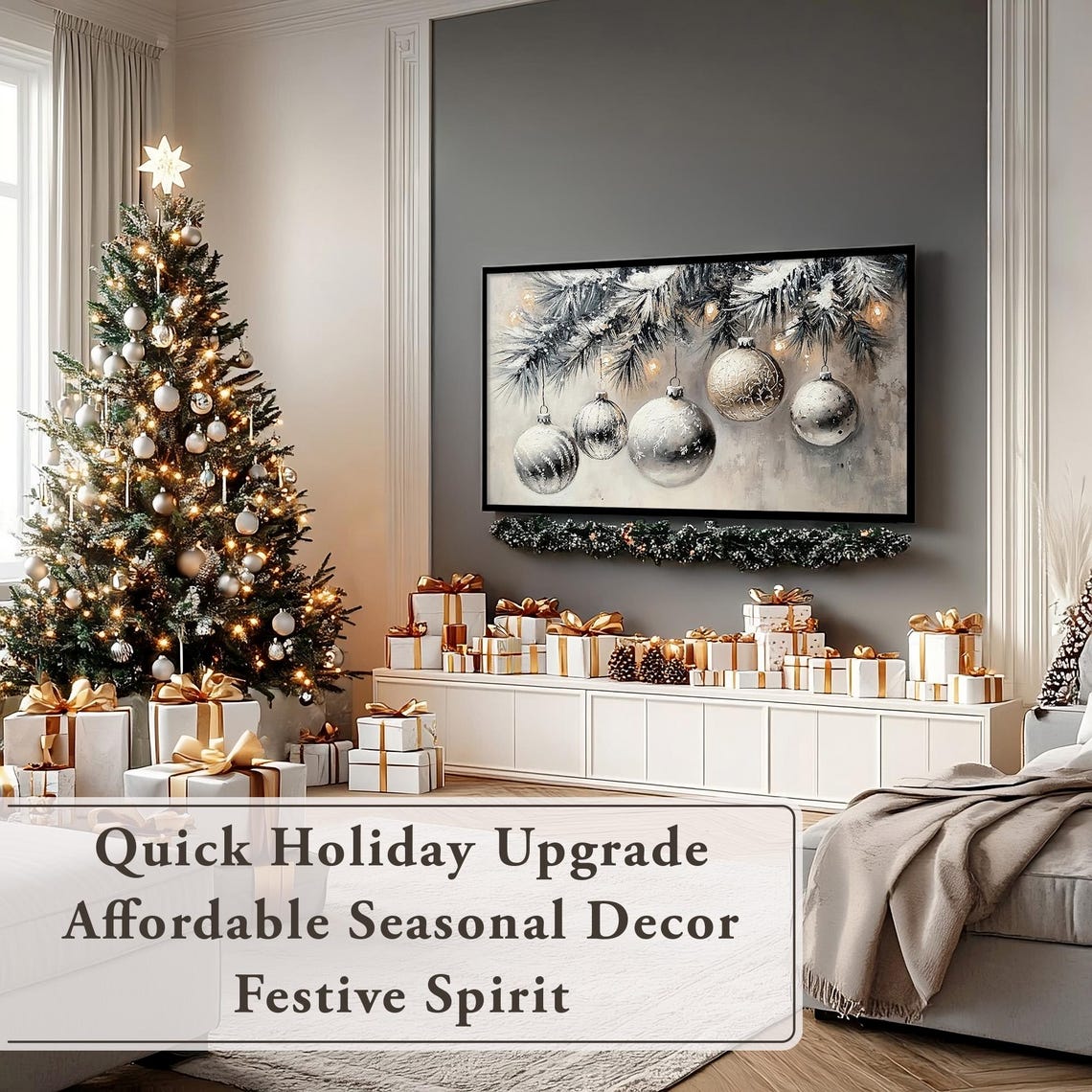 Silver Christmas Baubles on Frosty Pine Branches Neutral Poster - Image 2