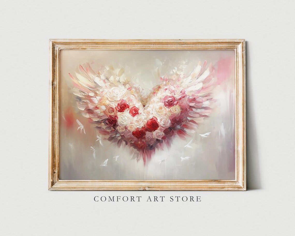 Valentines Rose Heart Angel Wings Floral Painting Romantic Wall Art - Image 5