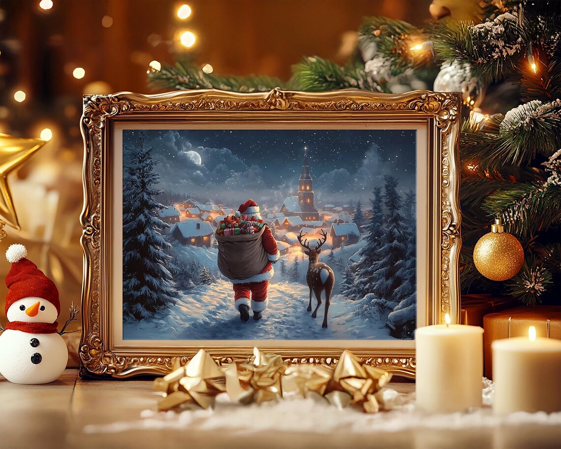 Santa Claus and Reindeer Walking to a Snowy Village Night Poster - Image 7