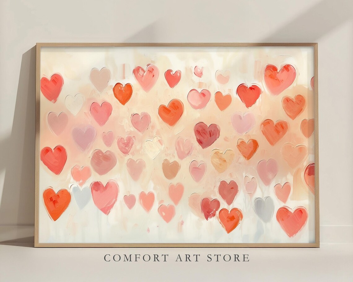 Coral Scattered Hearts Oil Painting Soft Pink Valentines Decor Poster - Image 3