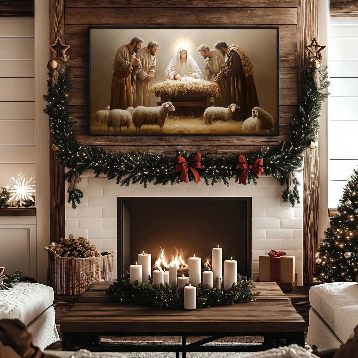 Nativity Scene Of Mary And Baby Jesus With Shepherds In Sepia Poster - Image 7