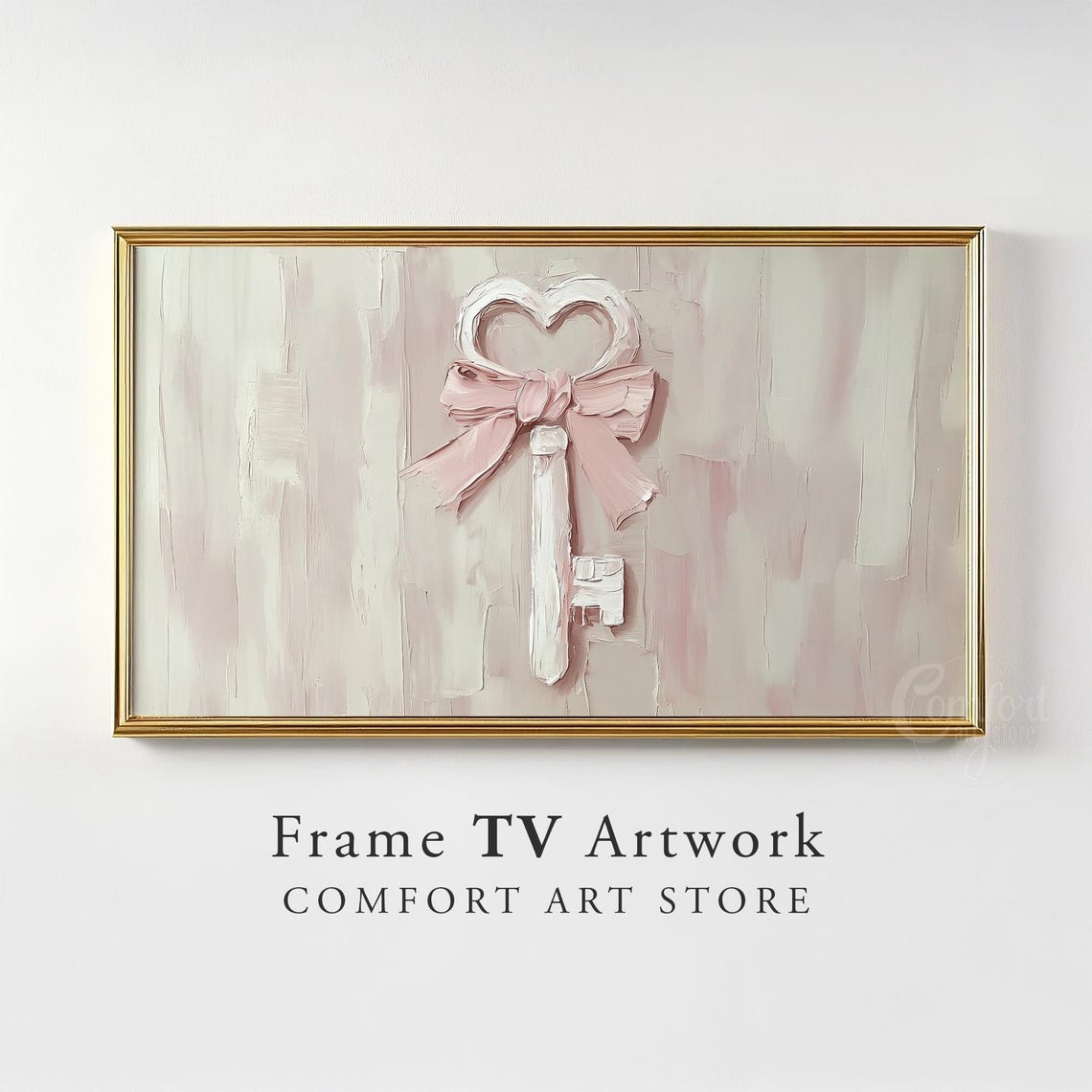 Valentine Heart Key Pink Bow Impasto Painting Romantic Frame TV Poster - Image 2