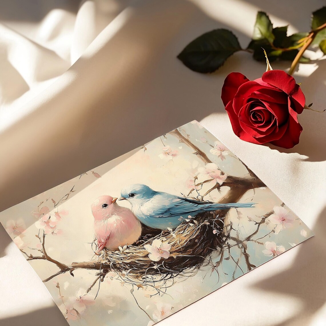 Pink and Blue Lovebirds Kissing Nest Cherry Blossom Love Poster - Image 4